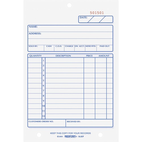 Sales Book Form, Carbonless, 2 Part, 4-1/4"x6-3/8", 50/BK