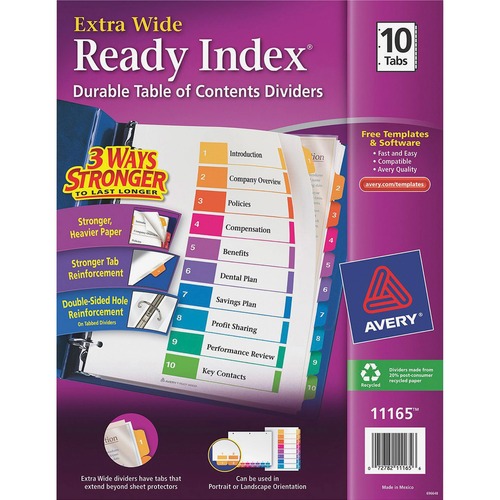 Index Dividers,Extra Wide,10-Tab/Set,11"x9-1/2",1/ST,Multi