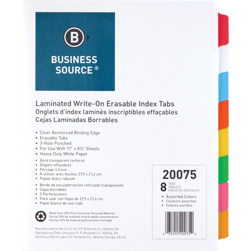 Write-on Tab Indexes, 8-Tab, 11"x8-1/2", 8 Tabs/ST, Multi
