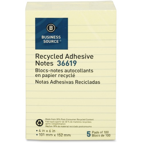 Recycled Adhesive Note Pads, Lined, 4"x6", 5/PK, Yellow