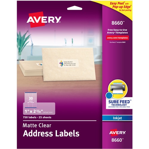 Inkjet Mailing Labels, Address, 1"x2-5/8", 750/PK, Clear