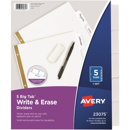 Write-On Dividers,w/Erasable Tabs,5-Tab,11"x8-1/2",White