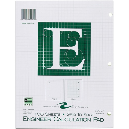 Engineering Pad,5"x5" Quad,3HP,100 Shts,11"x8-1/2",Green
