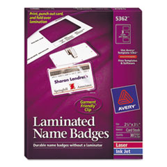 Laminated Name Badges, w/Clips,Printable,2"x3-1/4", 30/BX,WE