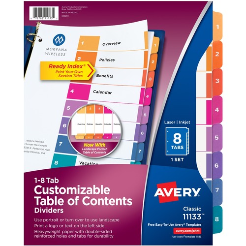 Ready Index Dividers,TOC,1-8 Tab,3HP,8-1/2"x11",1/ST,Multi