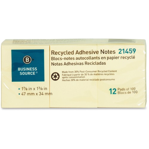 Recycled Adhesive Note Pads, 1-1/2"x2", 12/PK, Yellow