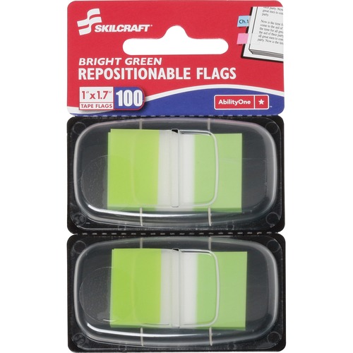 Self-stick Flags,2 Dispenser,100 Flags,1"x1-3/4",Bright GN