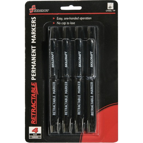 Retractable Permanent Marker, Chisel Tip, 4/PK, Black