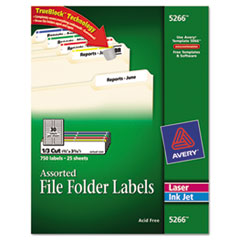 Permanent Filing Labels, 1/3 Cut, 750/PK, RD/BE/GN/PE/YW